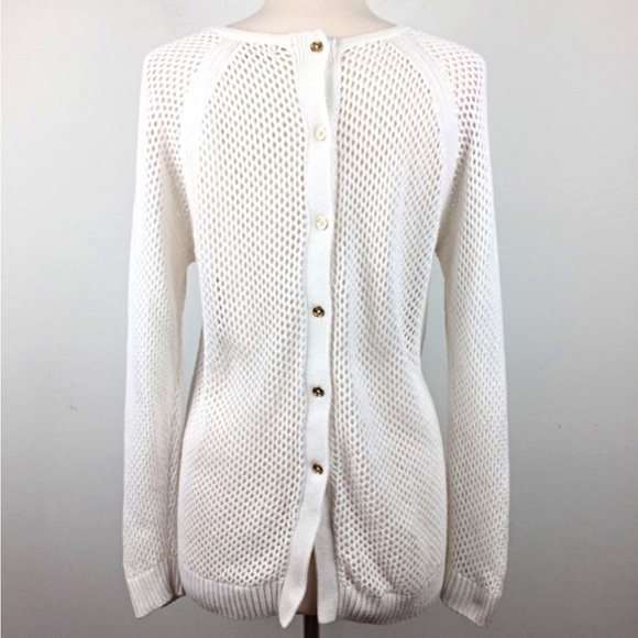 Michael Kors Open Knit Sweater, White with Gold Buttons, M - Picture 2 of 9